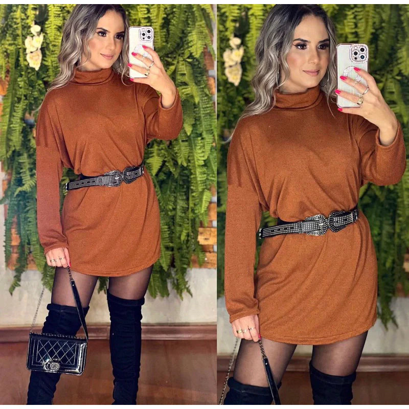 Vestido Feminino Manga Longa Gola Alta Inverno Poncho Maxi Blusa Lanzinha