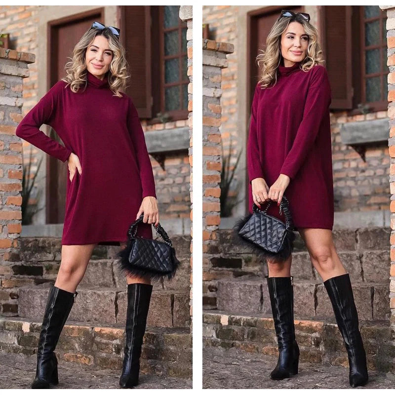 Vestido Feminino Manga Longa Gola Alta Inverno Poncho Maxi Blusa Lanzinha