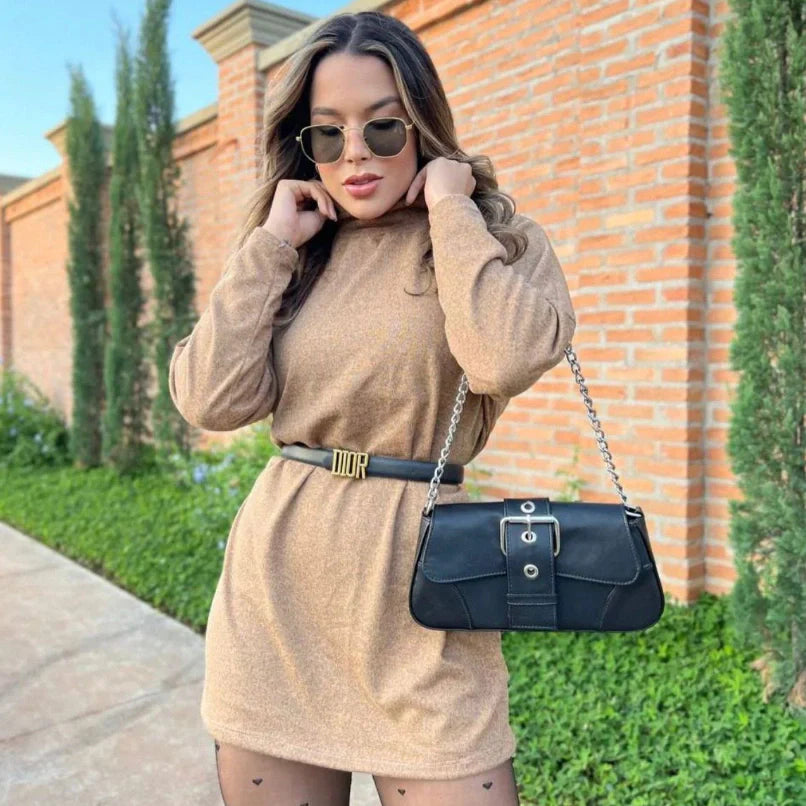 Vestido Feminino Manga Longa Gola Alta Inverno Poncho Maxi Blusa Lanzinha