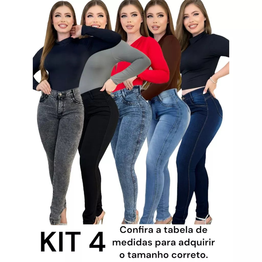 Kit 4 Calças Jeans Feminina Skinny Lycra Cintura Alta Modelo Empina Bumbum Lançamento Promoção