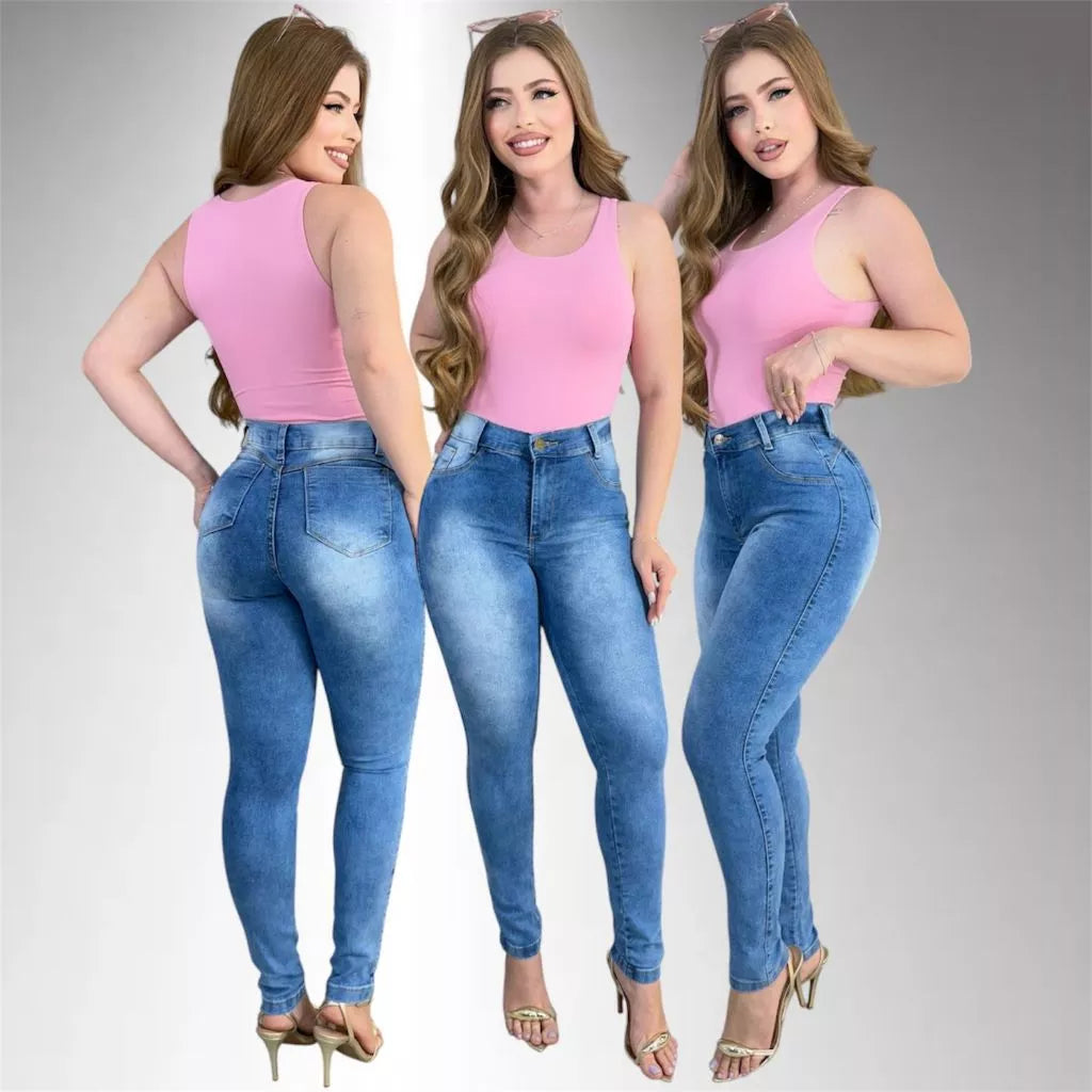 Kit 4 Calças Jeans Feminina Skinny Lycra Cintura Alta Modelo Empina Bumbum Lançamento Promoção