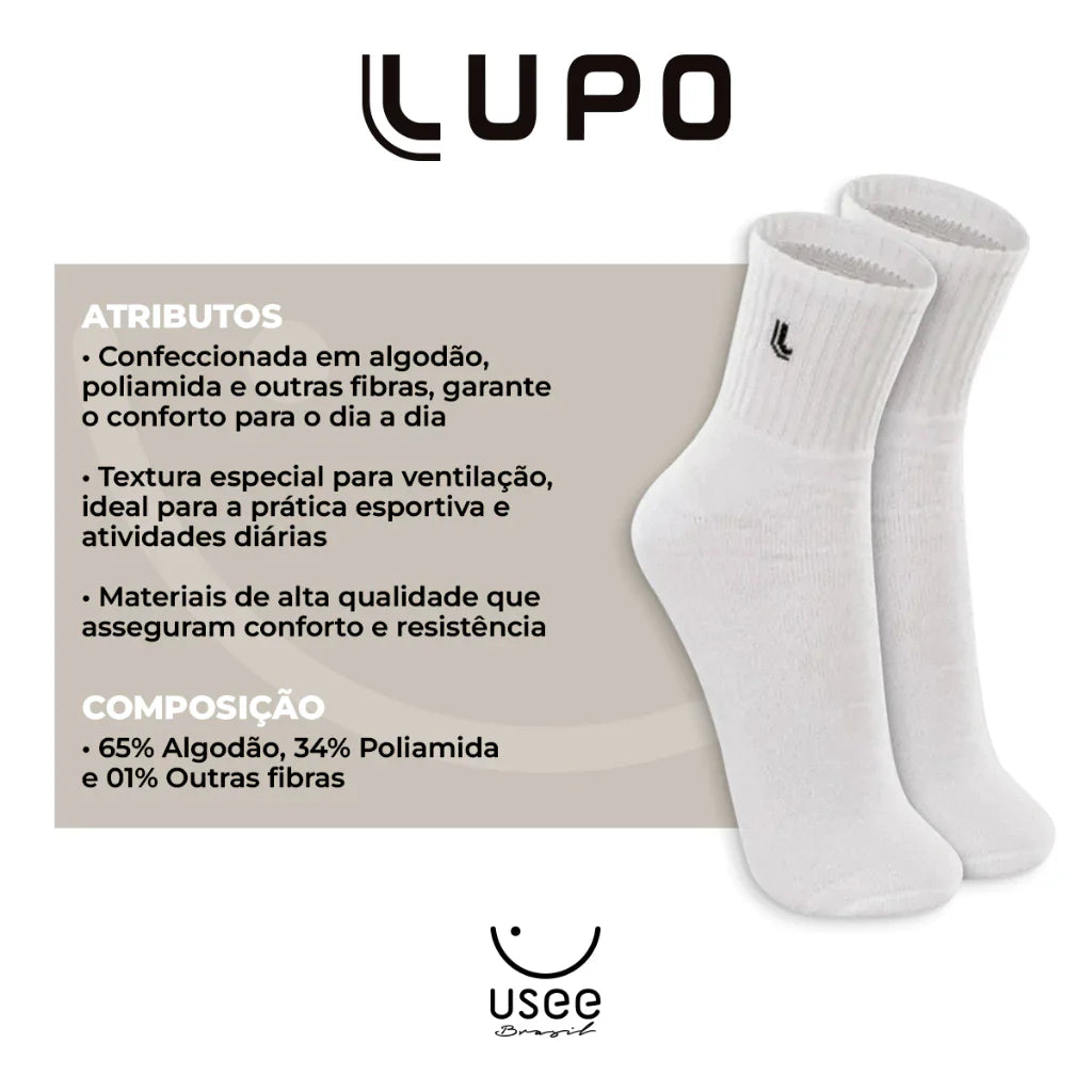 Kit com 6 Pares de Meias Cano Médio Algodão Lupo
