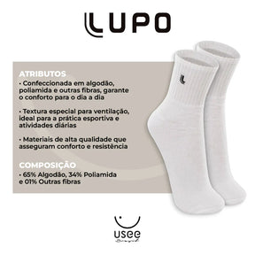Kit com 6 Pares de Meias Cano Médio Algodão Lupo