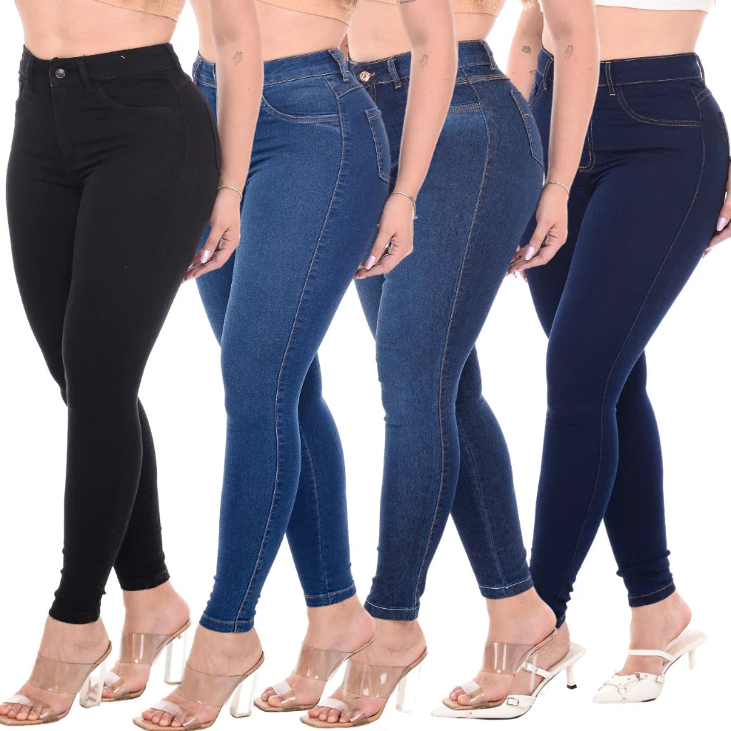 Kit 4 Calças Feminina Cintura Alta Skinny Jeans Com Lycra Levanta Bumbum