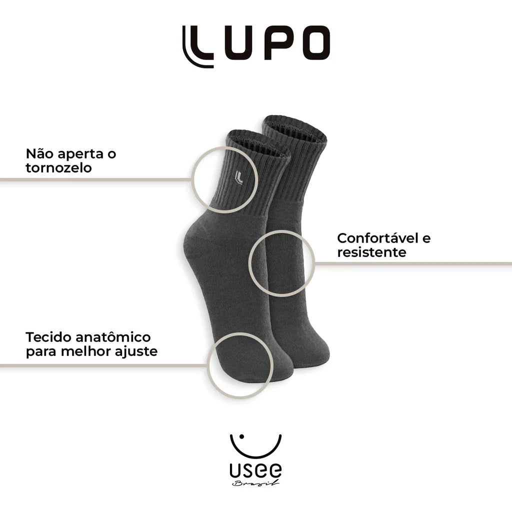 Kit com 6 Pares de Meias Cano Médio Algodão Lupo